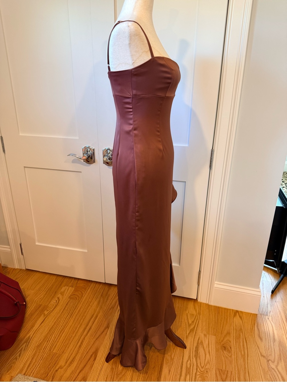 Nookie Sasha Satin High-Slit Ruffle Slip Dress in Mocha - Picture 10 of 15